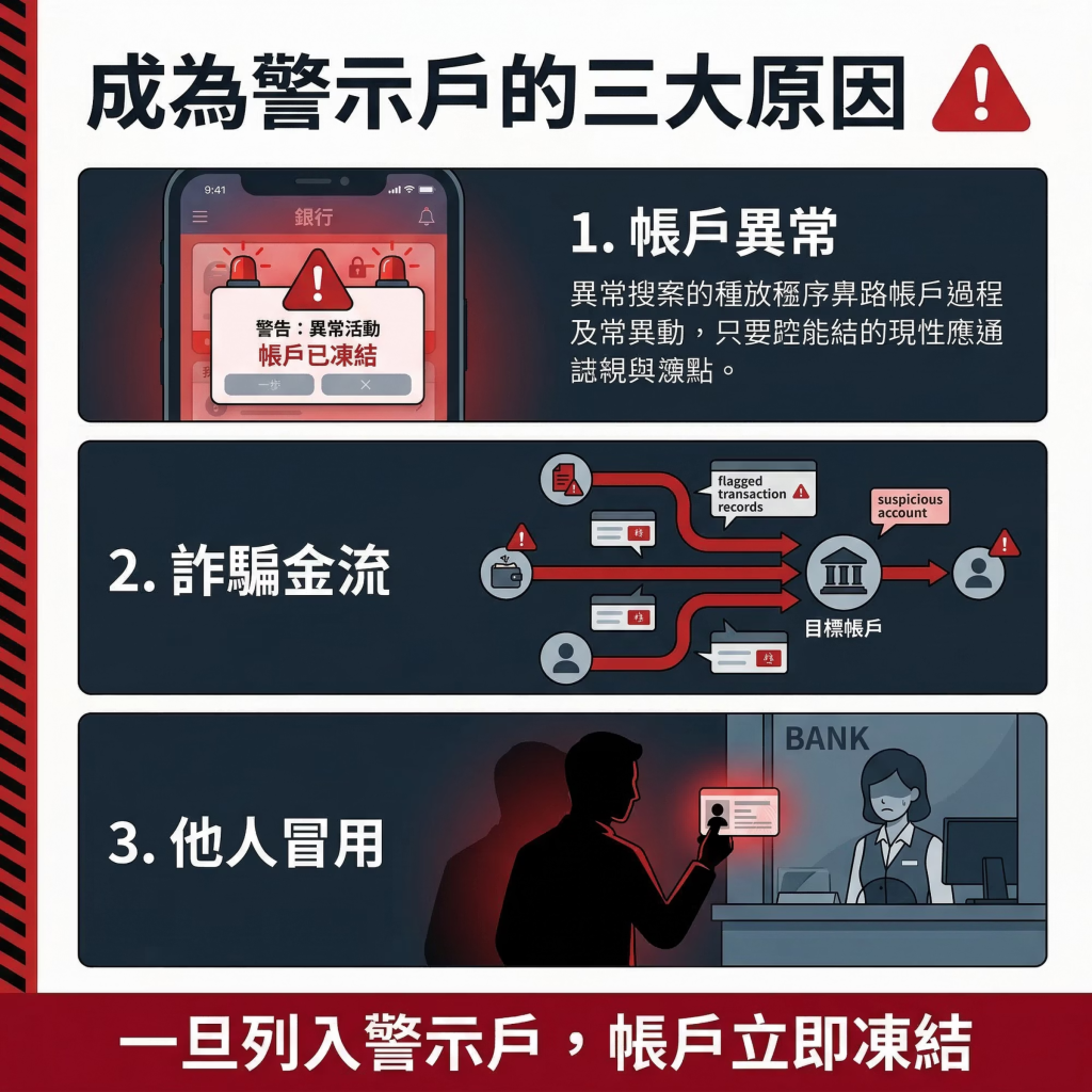 常見成為警示戶的原因（帳戶異常、詐騙金流、他人冒用）